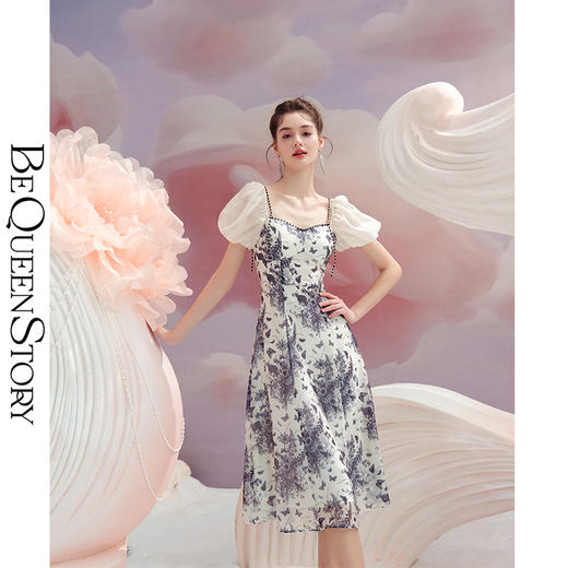 BeQueenStory【轻纱蝶舞】方领泡泡袖显瘦气质连衣裙2023夏季新款 商品图2