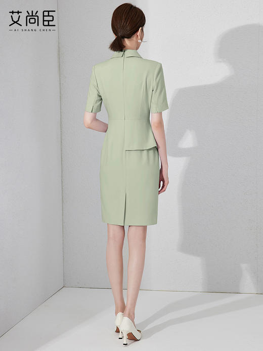 艾尚臣绿色连衣裙女夏季薄款短袖职业装裙气质收腰显瘦长裙 商品图4