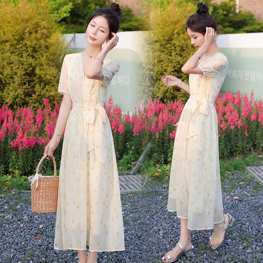 夏新款气质感茶歇法式v领碎花连衣裙收腰显瘦长裙HR-MYL2318 商品图0