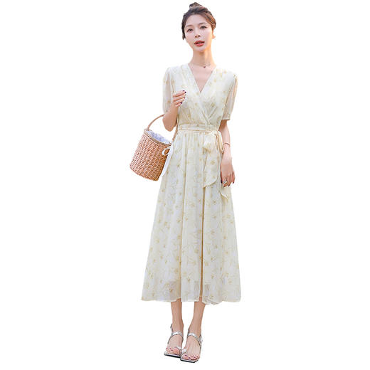 夏新款气质感茶歇法式v领碎花连衣裙收腰显瘦长裙HR-MYL2318 商品图7