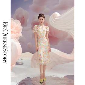 BeQueenStory【晨曦花岛】时尚气质泡泡袖真丝挂脖连衣裙2023夏新