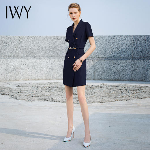 IWY/藏青色西装面料连衣裙高级感夏款短袖气质双排扣收腰显瘦232023Q1+232023D1 商品图2