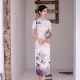 YSZ2023长款优雅显瘦高端大气复古水墨荷花走秀日常军阀太太旗袍