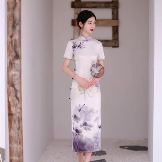 YSZ2023长款优雅显瘦高端大气复古水墨荷花走秀日常军阀太太旗袍 商品图0