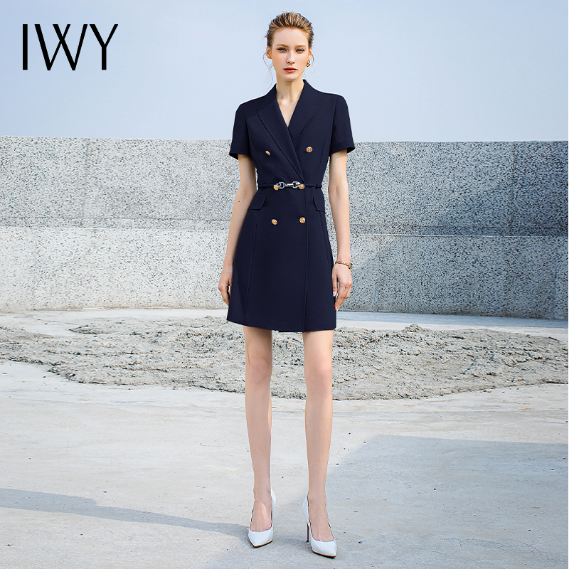 IWY/藏青色西装面料连衣裙高级感夏款短袖气质双排扣收腰显瘦232023Q1+232023D1