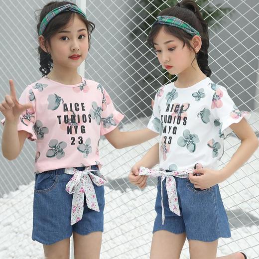 2023新款女童韩版套装中大童短袖T恤短裤夏季童装女童牛仔两件套 商品图1
