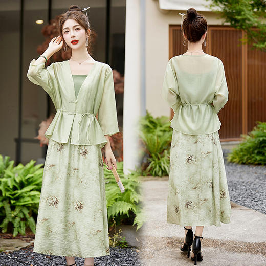 新中式复古印花夏新款百搭吊带背心半身裙三件套HR-EHJY3129 商品图2