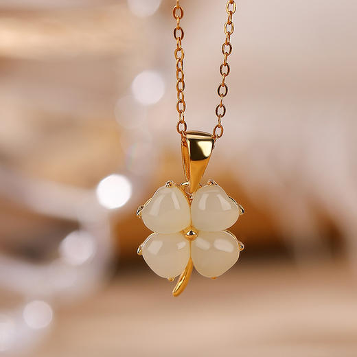S925纯银镀金和田碧玉，时尚幸运四叶吊坠套链CW-DZ05045 商品图6