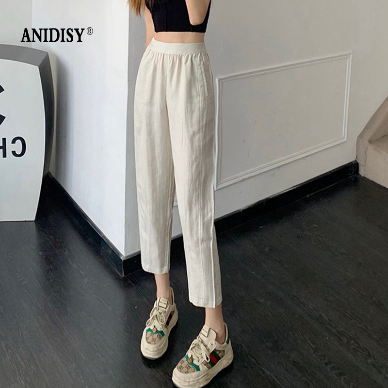天丝亚麻高腰松紧腰九分哈伦裤