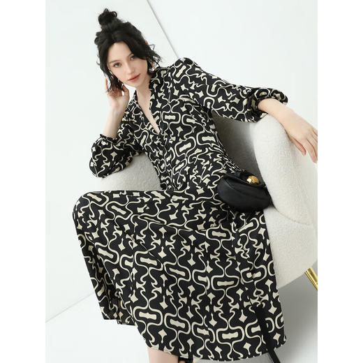 【秒杀】COCOBELLA优雅几何图案通勤衬衫裙秋流苏腰带缎面连衣裙FR189 商品图1