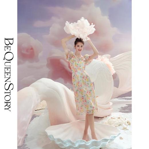 BeQueenStory【晨曦花岛】时尚气质泡泡袖真丝挂脖连衣裙2023夏新 商品图4