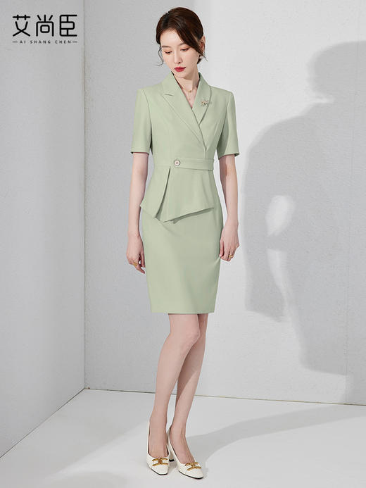 艾尚臣绿色连衣裙女夏季薄款短袖职业装裙气质收腰显瘦长裙 商品图2