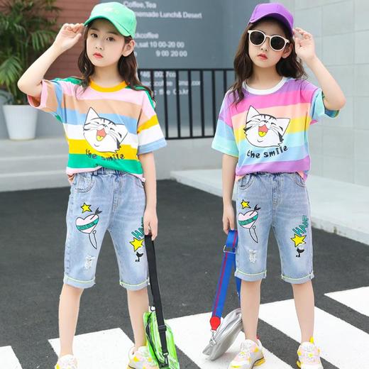 童装女童夏装套装2023新款儿童中大童牛仔七分裤跨境T恤两件套潮 商品图0