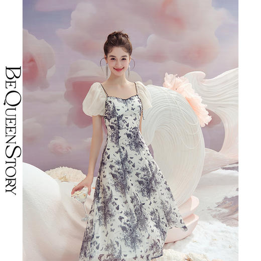 BeQueenStory【轻纱蝶舞】方领泡泡袖显瘦气质连衣裙2023夏季新款 商品图4