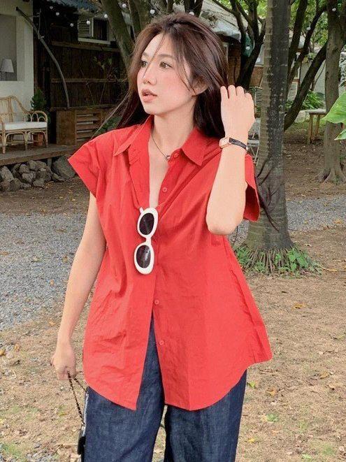 黛唯梵【从未有过的韩风，纯色无袖衬衫】夏日新款，宽松显瘦，满足你的时尚需求。穿上它，即刻流光溢彩，焕发自信，展现不一样的你。 商品图4