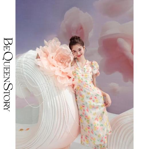 BeQueenStory【晨曦花岛】时尚气质泡泡袖真丝挂脖连衣裙2023夏新 商品图2