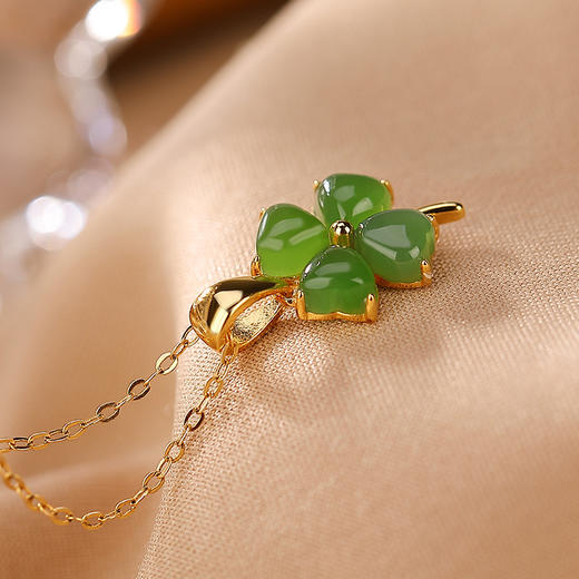 S925纯银镀金和田碧玉，时尚幸运四叶吊坠套链CW-DZ05045 商品图2