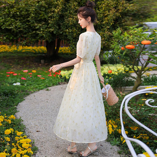 夏新款气质感茶歇法式v领碎花连衣裙收腰显瘦长裙HR-MYL2318 商品图3
