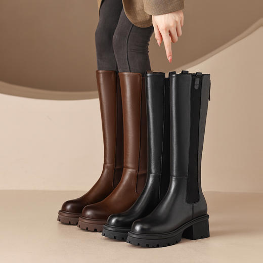 阿么手工女鞋真皮粗跟时尚复古靴子6.5CM厚底骑士靴增高洋气显瘦 商品图3