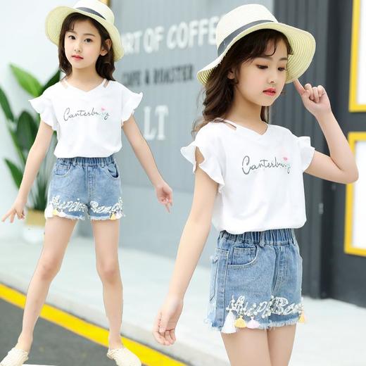 女童套装夏装2023新款中大儿童洋气两件套小女孩跨境网红牛仔短裤 商品图1