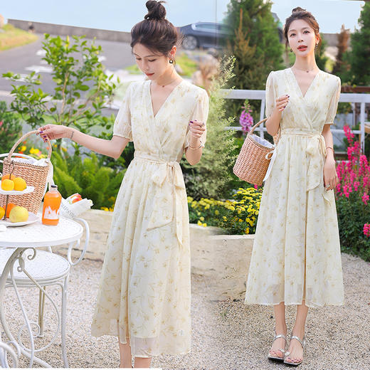 夏新款气质感茶歇法式v领碎花连衣裙收腰显瘦长裙HR-MYL2318 商品图1