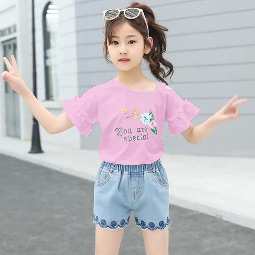 女童套装2023新款跨境外贸童装儿童夏季牛仔短裤T恤时髦两件套潮 商品图1