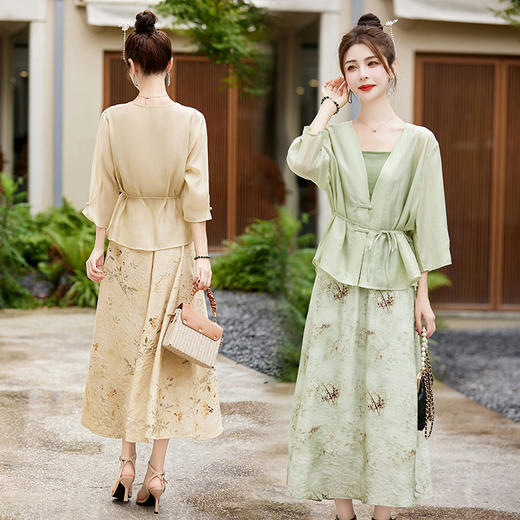 新中式复古印花夏新款百搭吊带背心半身裙三件套HR-EHJY3129 商品图0