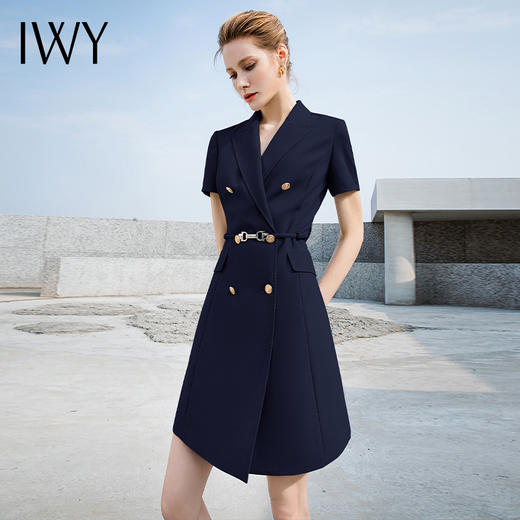 IWY/藏青色西装面料连衣裙高级感夏款短袖气质双排扣收腰显瘦232023Q1+232023D1 商品图4
