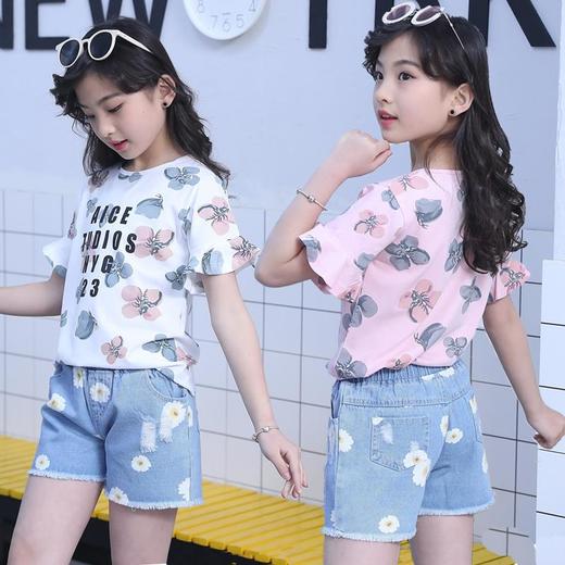 2023新款女童韩版套装中大童短袖T恤短裤夏季童装女童牛仔两件套 商品图2