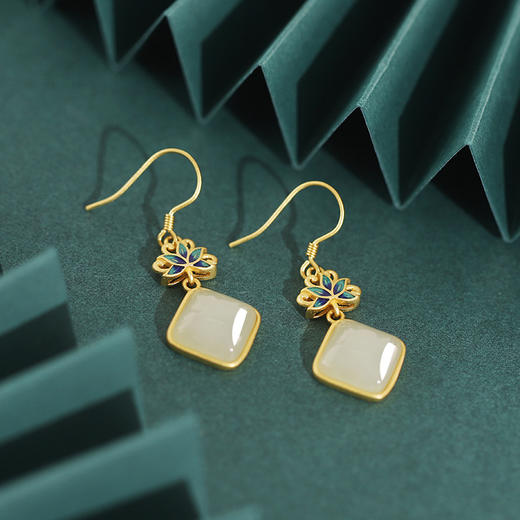 莲花和田玉925银耳环，珐琅渐变色花朵古风耳饰ES595 商品图3