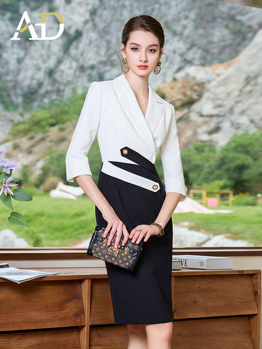 AD高级感黑白接拼西装连衣裙女夏季薄款职业装气质名媛工作套装裙 商品图0