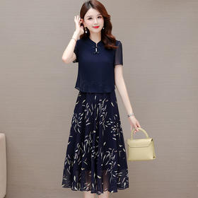 气质优雅，拼结高腰假两件雪纺裙女装中长款A字裙蓝色印花连衣裙QYM-KED-H1217 -Y