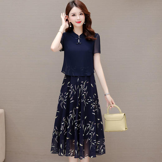 气质优雅，拼结高腰假两件雪纺裙女装中长款A字裙蓝色印花连衣裙QYM-KED-H1217 -Y 商品图0