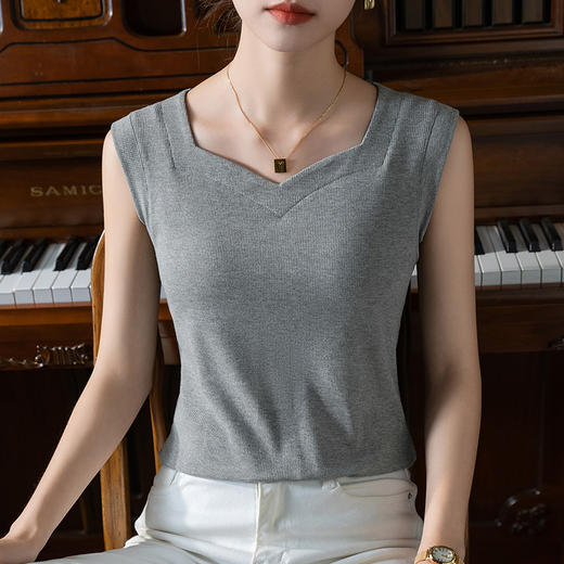 螺纹无袖t恤女夏新款，女装复领纯色背心气质收腰弹力上衣SG-X3X0413-LXL 商品图1