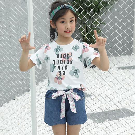 2023新款女童韩版套装中大童短袖T恤短裤夏季童装女童牛仔两件套 商品图3