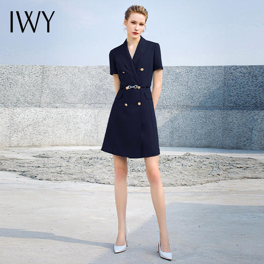 IWY/藏青色西装面料连衣裙高级感夏款短袖气质双排扣收腰显瘦232023Q1+232023D1 商品图1