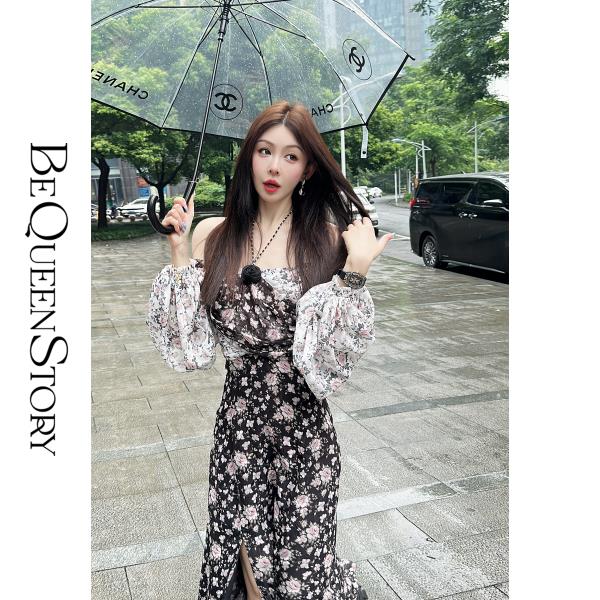 【孤品样衣，不退不换】【玫瑰花后】气质复古碎花方领开叉连衣裙新款夏