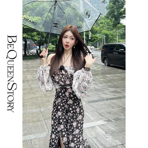 【孤品样衣，不退不换】【玫瑰花后】气质复古碎花方领开叉连衣裙新款夏 商品图0