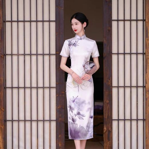 YSZ2023长款优雅显瘦高端大气复古水墨荷花走秀日常军阀太太旗袍 商品图1