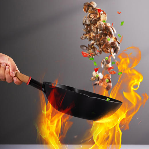 黑科技感温变色【1.2KG超轻不累手】德国巴伐利亚榉木手柄炒菜铁锅炒锅 超轻 无涂层  燃气灶电磁炉电陶炉通用  D不参与折扣和优惠 商品图1