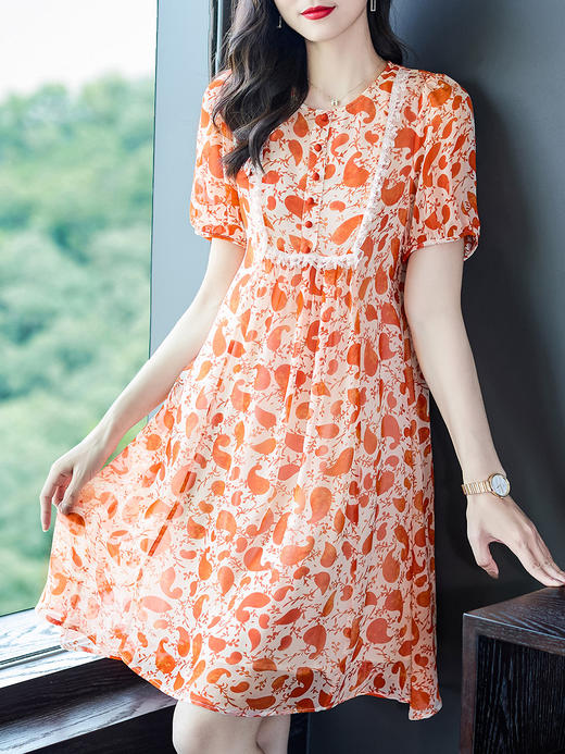 WWM-46705碎花裙46705蕾丝花边高腰显瘦真丝桑蚕丝连衣裙女夏 商品图2