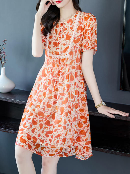 WWM-46705碎花裙46705蕾丝花边高腰显瘦真丝桑蚕丝连衣裙女夏 商品图0