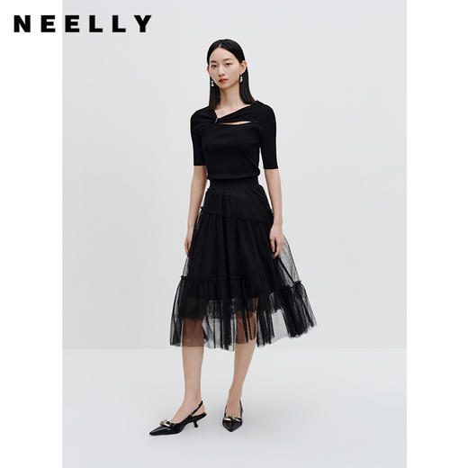 NEELLY纳俪商场同款设计感针织衫女秋季新款镂空短袖修身气质上衣N23072A01028 商品图1