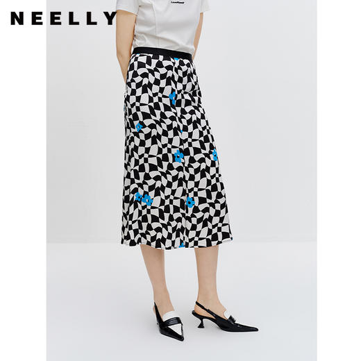 NEELLY纳俪商场同款黑白格撞色半身裙女中长款包臀A字鱼尾裙百搭N23071E01023 商品图0