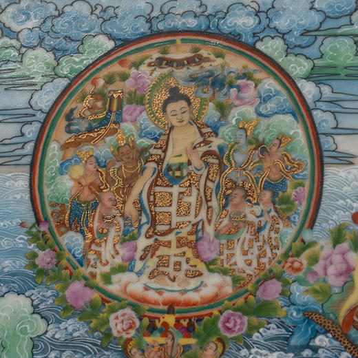 民国 红木镶粉彩阿弥陀佛之净土瓷板画挂屏 商品图2