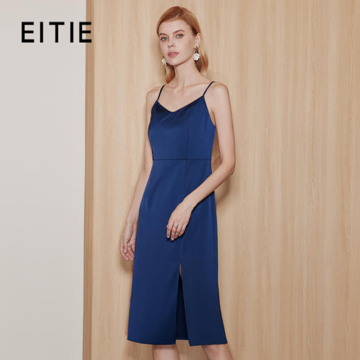 EITIE爱特爱气质精致吊带收腰开叉蓝色通勤显瘦连衣裙秋季新款 商品图0