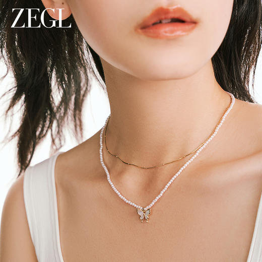 ZEGL蝴蝶人造珍珠叠戴项链女轻奢小众高级感2023年新款双层锁骨链 商品图3