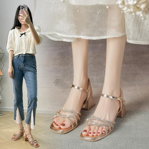 ZHR水钻凉鞋女2023新款夏季粗跟凉鞋女外穿仙女风配裙子中高跟鞋 商品图0