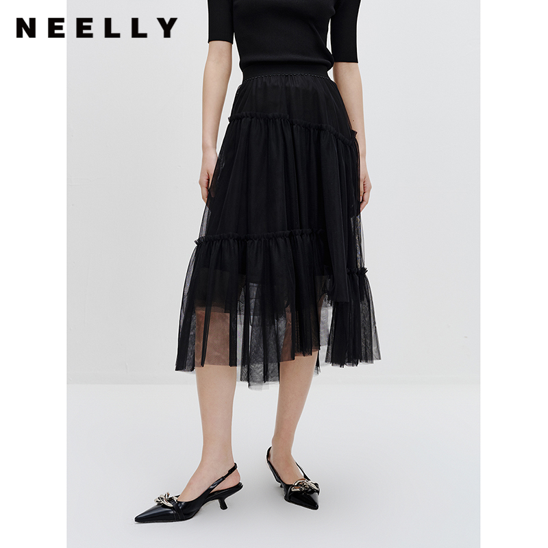NEELLY纳俪商场同款黑色网纱裙女中长款韩版气质百搭A字裙蓬蓬裙N23072E01050
