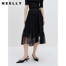 NEELLY纳俪商场同款黑色网纱裙女中长款韩版气质百搭A字裙蓬蓬裙N23072E01050